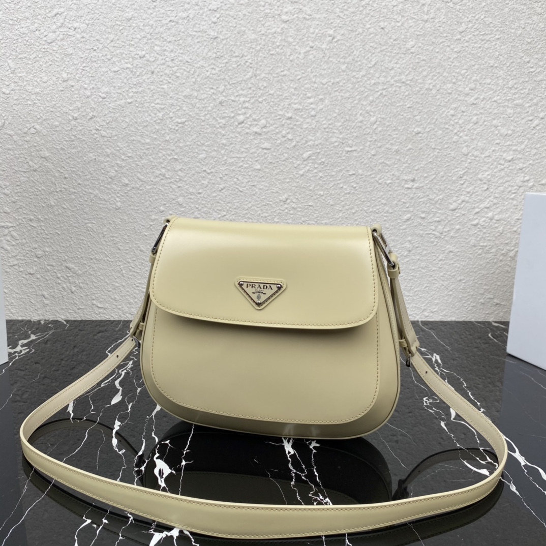 Prada Cleo Brushed Leather Shoulder Bag With Flap Vanilla 1BD303